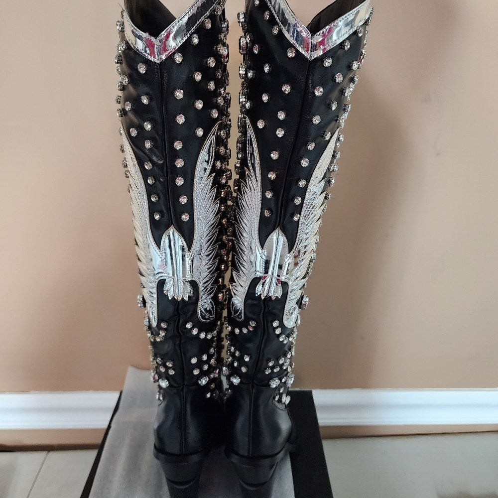 AZALEA WANG Upbeat Black Jeweled Rhinestone Tall Western Cowboy Boots 7-11 NWT - Picture 10 of 14